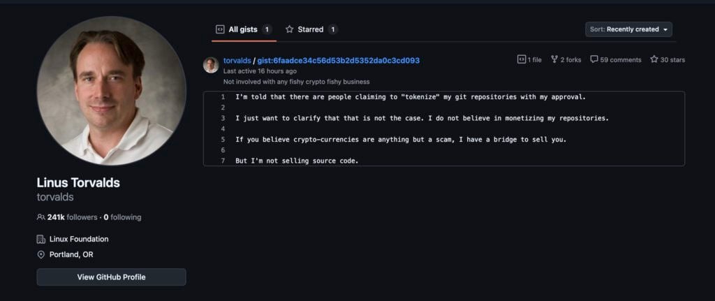 Linux-Gründer Torvalds widerlegt falsche Gerüchte über die Tokenisierung: Nie autorisiert, Open Source sollte kein Hype-Tool im Währungskreis werden „Tokenisieren“ Sie meine Git-Repositorys. Ich möchte nur klarstellen, dass dies nicht der Fall ist. Wenn Sie glauben, dass Kryptowährungen alles andere als ein Betrug sind, möchte ich klarstellen, dass dies nicht der Fall ist ein Betrug, dann habe ich eine Brücke, die ich Ihnen verkaufen kann (Hinweis: Dies ist eine sarkastische Art zu sagen, dass Sie zu gut sind, um sich täuschen zu lassen). </p></blockquote><h3 dir=