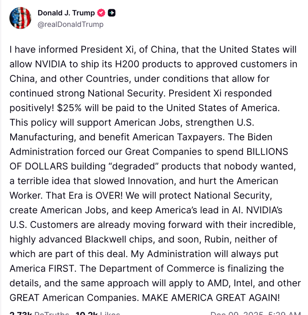 Trump öffnet Huida H200 für den Export nach China! Aber es muss eine Provision von 25 % zahlen, der Chipkrieg zwischen den USA und China führt ein neues kostenpflichtiges Freischaltmodell ein